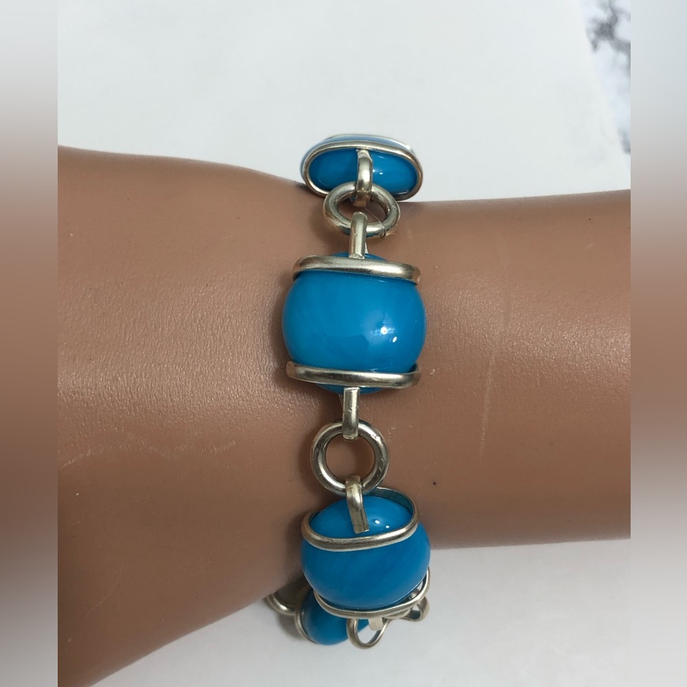 VINTAGE STERLING SILVER MEXICO BRACELET BLUE STONES ABOUT 8 3/4" SIGNED MEX 925